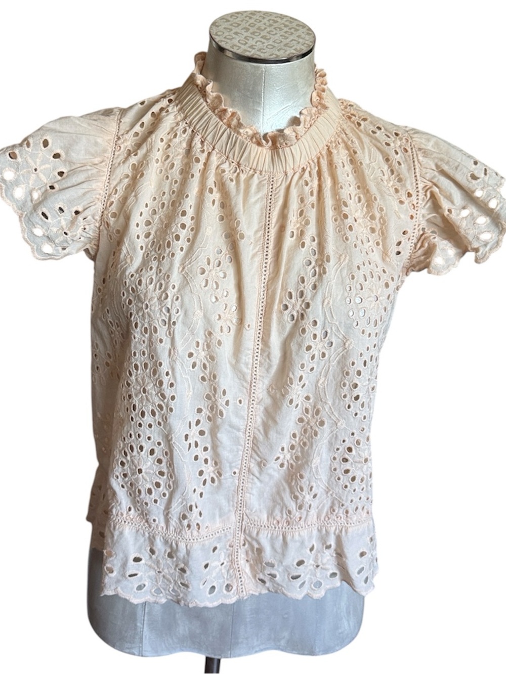 Jennifer & Grace Pink Cotton Eyelet Blouse M Ruffle Flutter Sleeve Top